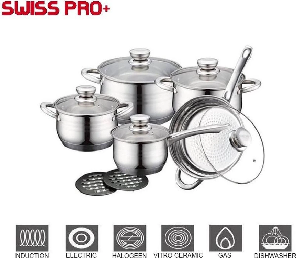 Swiss Pro + Pannenset - 12 Delig - RVS - Roestvrijstalen Kookgerei 18/10 1 Swiss Pro + Pannenset - 12 Delig - RVS - Roestvrijstalen Kookgerei 18/10