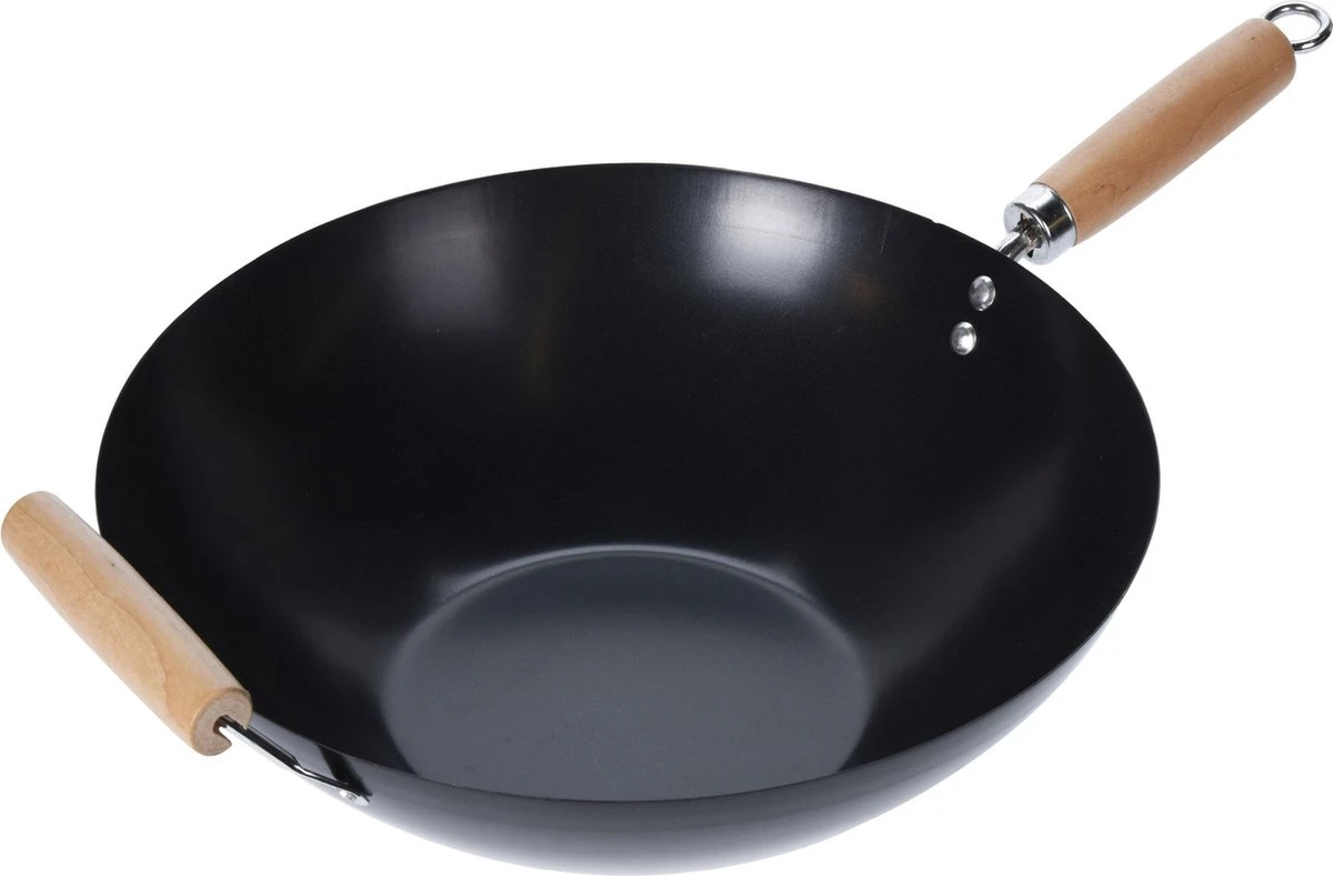 Wok Carbon Staal Ø35cm Houten Handgreep Wokpannen 2 Wok Carbon Staal Ø35cm Houten Handgreep Wokpannen - Afbeelding 2