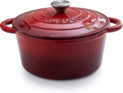 Nuovva Gietijzeren Braadpan Antiaanbaklaag Met Deksel - Sudderpan Rood - Rond - Ø24 Cm - 4.7 Liter - 100% PFAS & PFOA Vrij - Geschikt Voor Alle Warmtebronnen - Elektrisch - Gas - Halogeen - Inductie - Keramisch