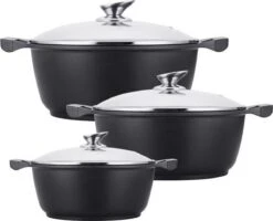 Kookkunst Holland Pannenset Inductie Met Deksels Zwart - Koudgrepen Ø 20, 24 & 28 Cm - 3 Delige