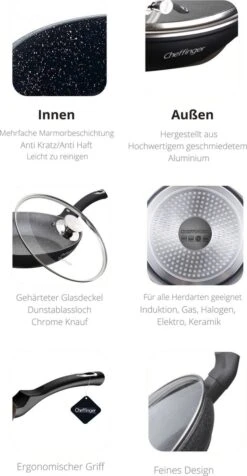 Cheffinger Koekenpan - Met Deksel - Marmeren Coating - 26 Cm - Zwart -Keuken Pot Winkel 623x1200